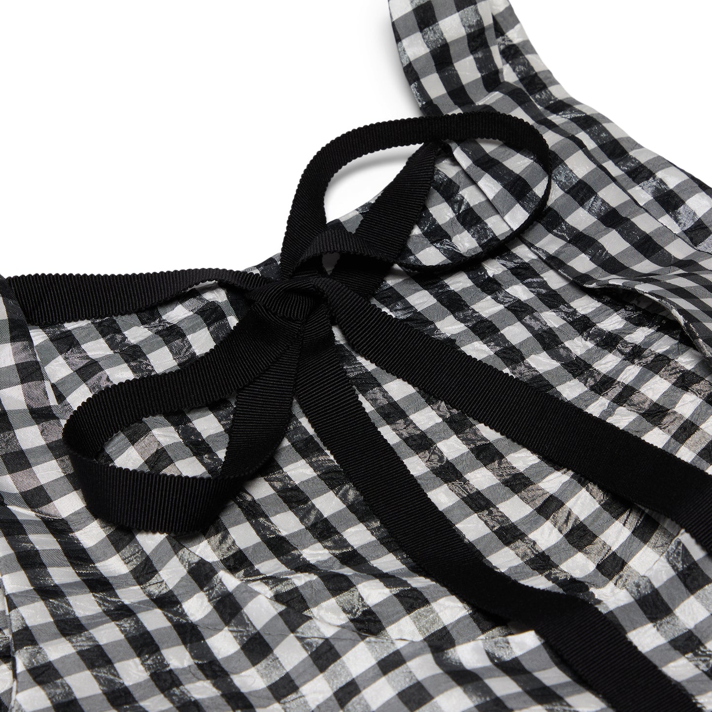 GANNI Crinkled Taffeta Check Open Back Frill Top (Black)