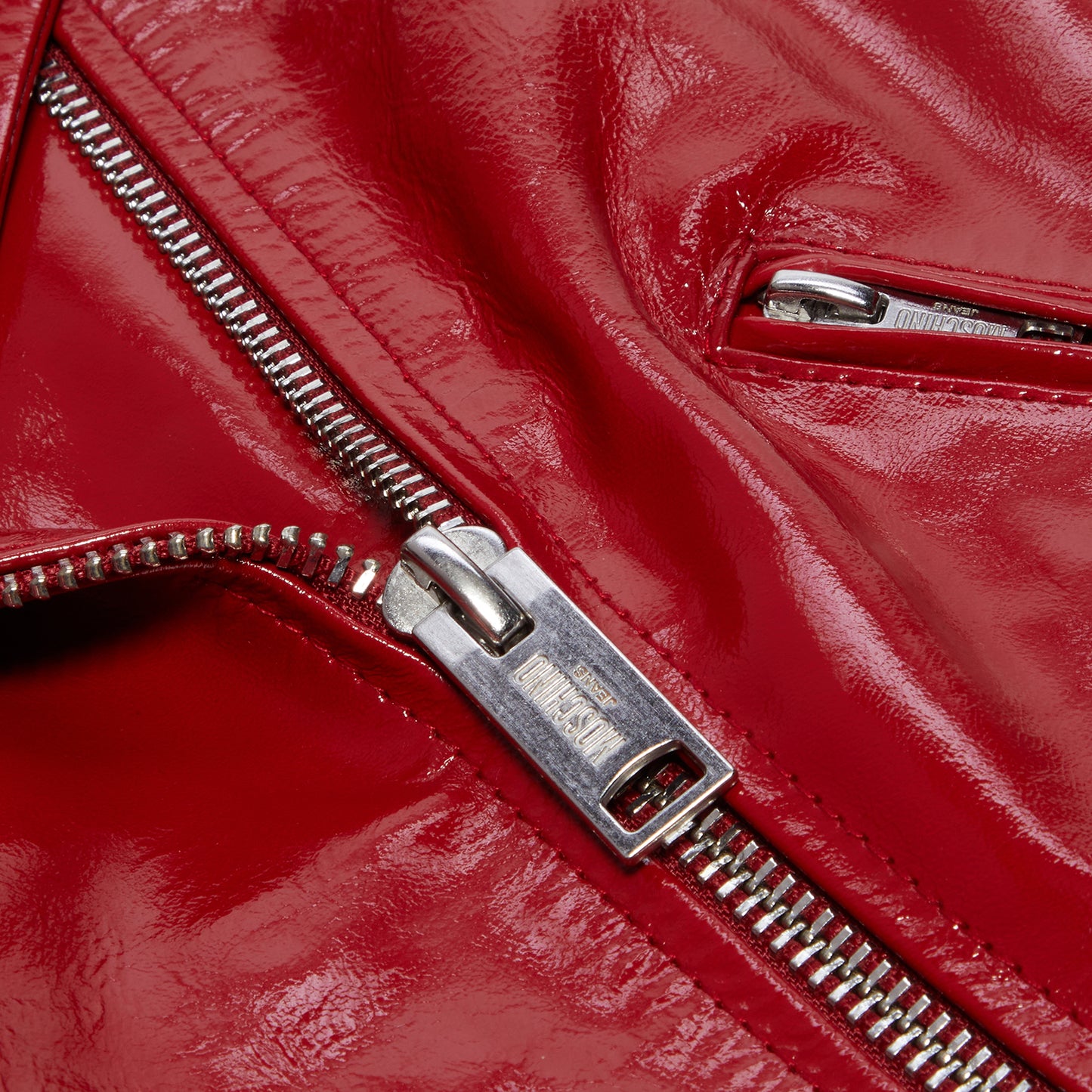 Moschino Jeans Patent Leather Biker Crop Jacket (Red)