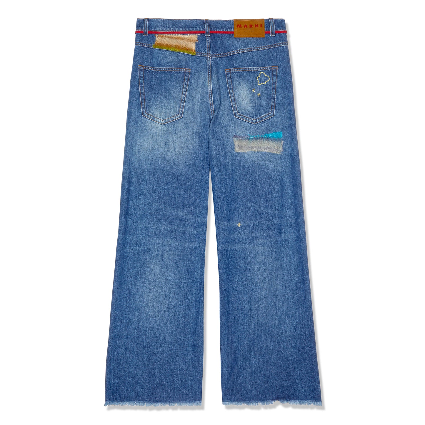 MARNI Wide-Leg Jeans with Mohair Patches (Iris Blue)