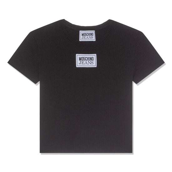 Moschino Jeans Logo Patch Rib Knit Cropped T-Shirt (Black)