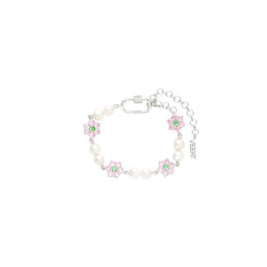 VEERT Macro Pink & Green Flower Stone Freshwater Pearl Bracelet (Pink/Green/White)