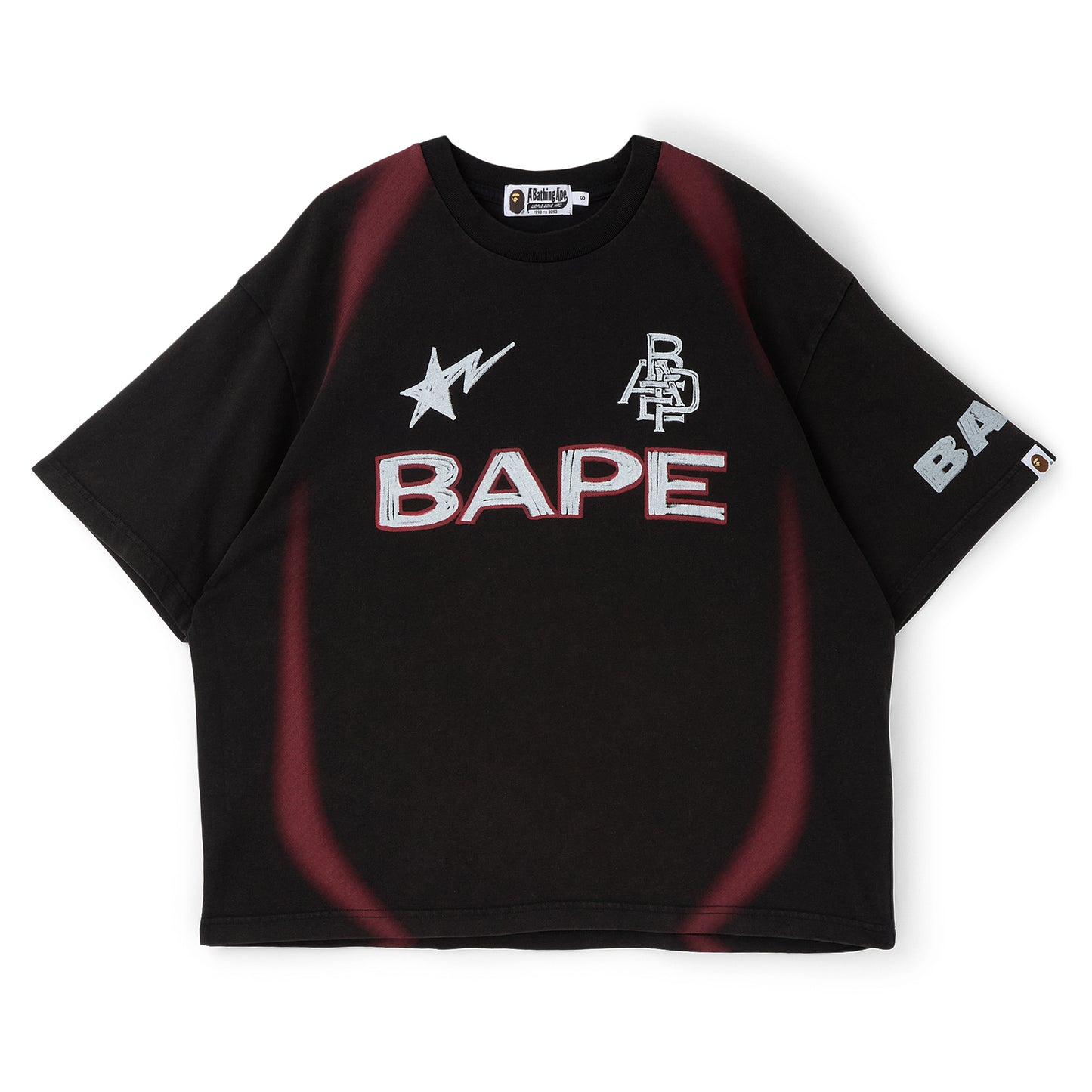 A Bathing Ape Heavy Wash Hand Draw Football Multi Logo Relaxed Fit Tee M (Black)
