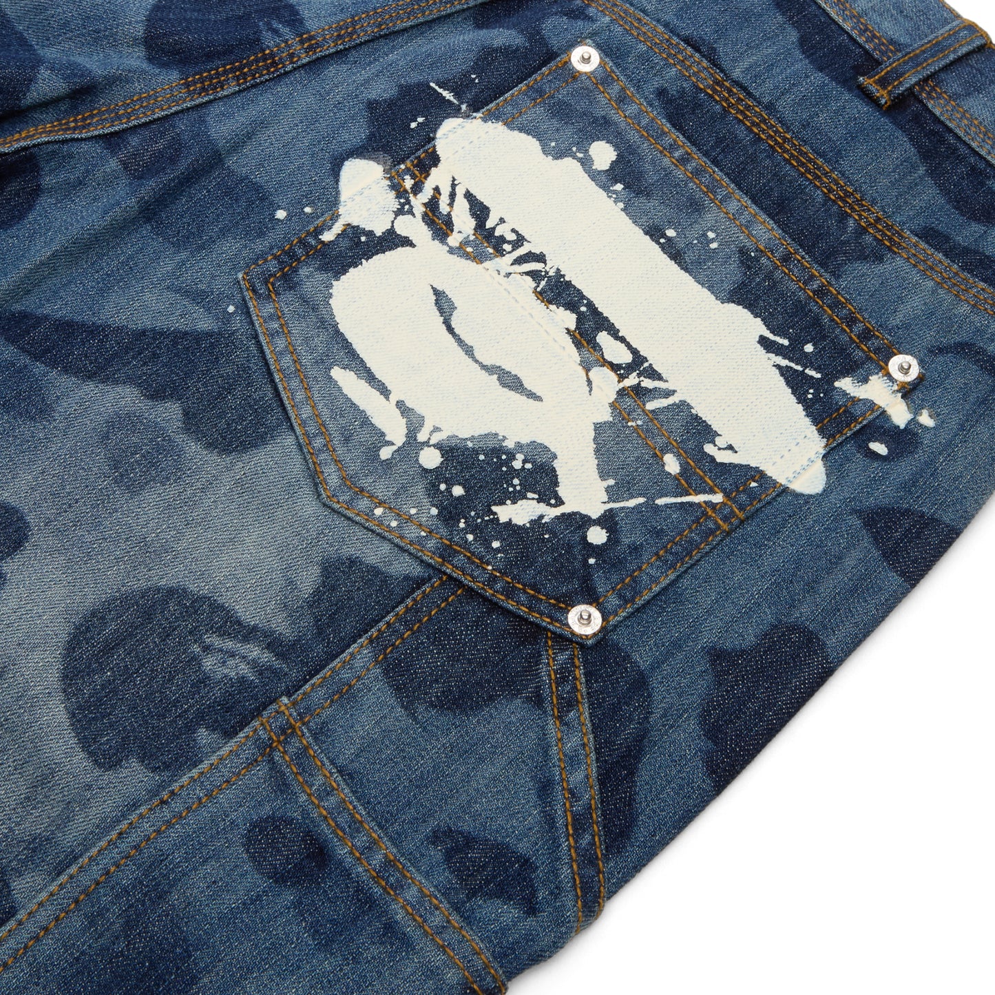 A Bathing Ape 1St Camo Double Knee 13 Oz Relaxed Fit Denim Shorts M (Indigo)