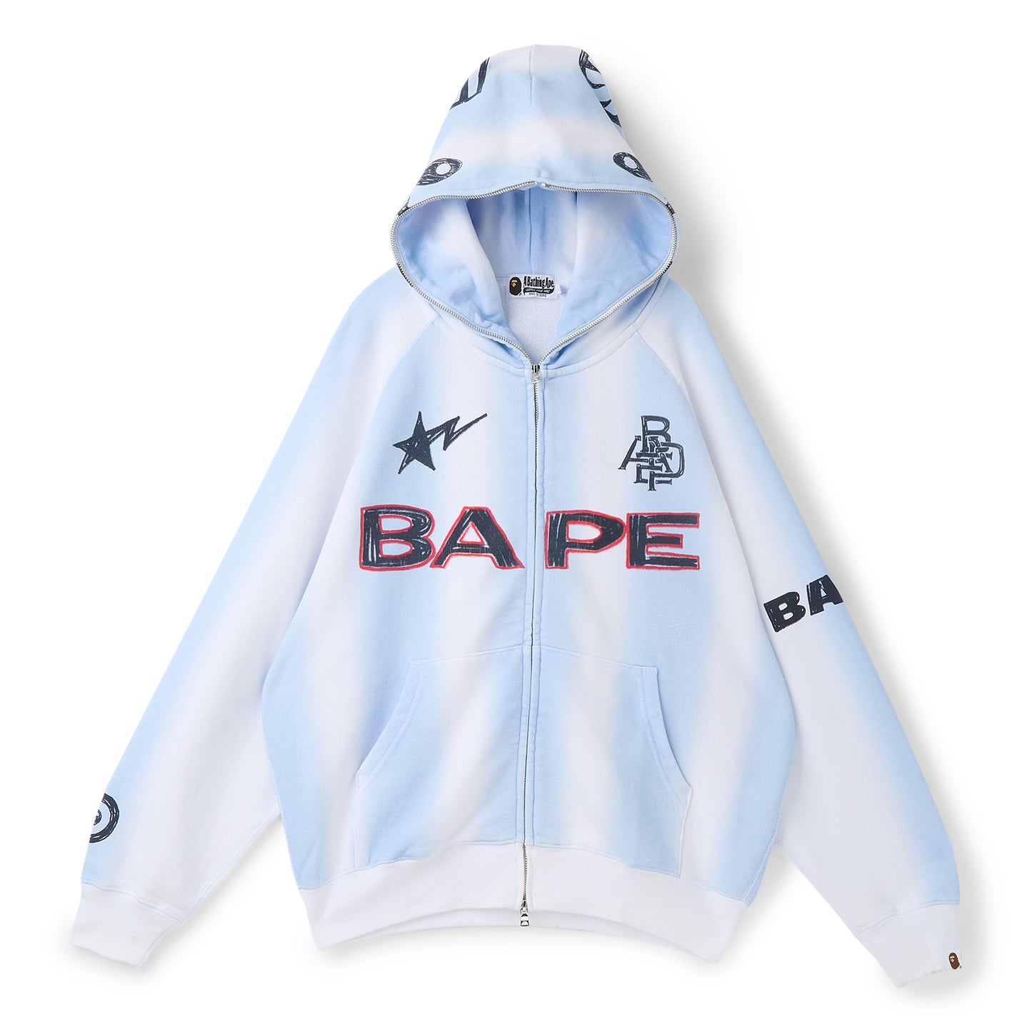 A Bathing Ape Hand Draw Football Shark Relaxed Fit Full Zip Hoodie M (White)