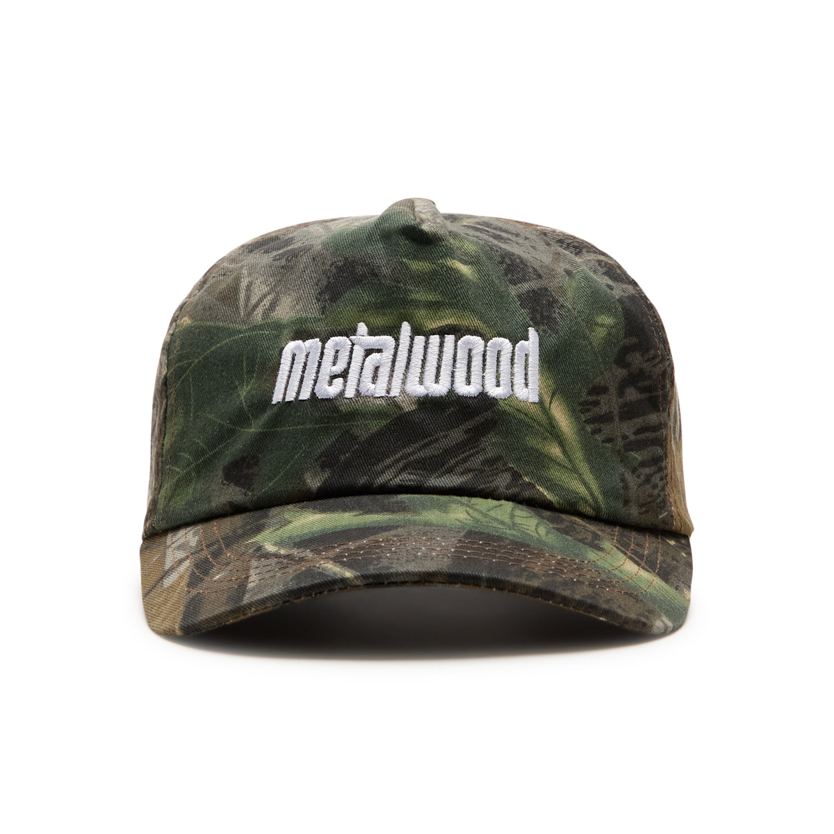 Metalwood Studio Metal Logo 5-panel Hat (Real Leaf Camo & White)