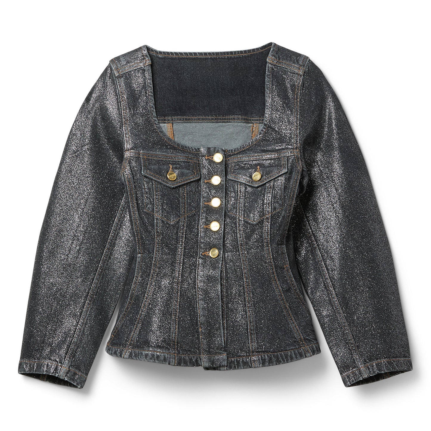 GANNI Shimmery Foil Denim Fitted Blazer (Washed Black/Black)