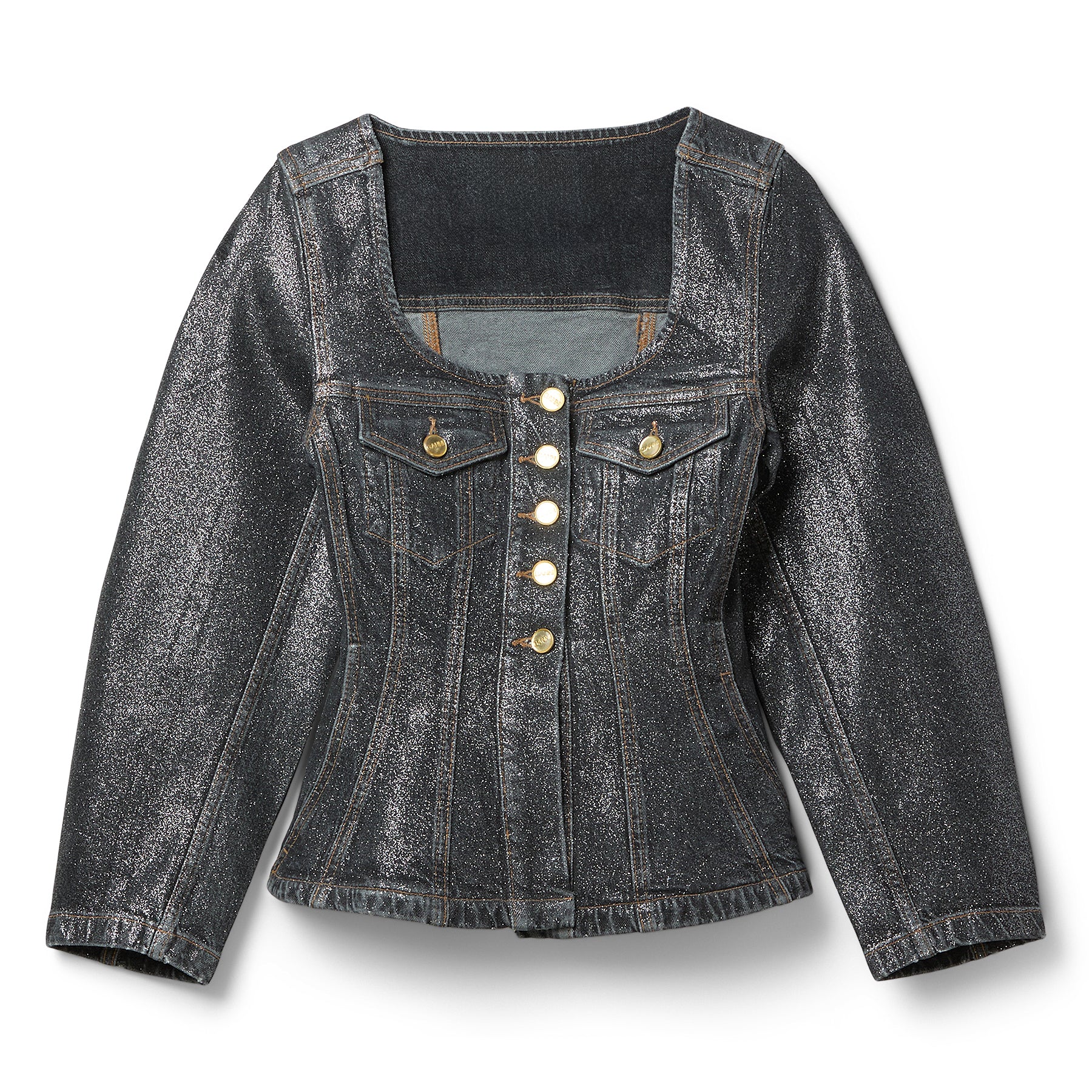 GANNI Shimmery Foil Denim Fitted Blazer (Washed Black/Black)