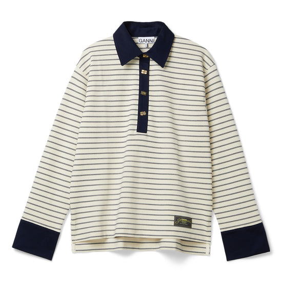 GANNI Striped Cotton Polo (Egret)