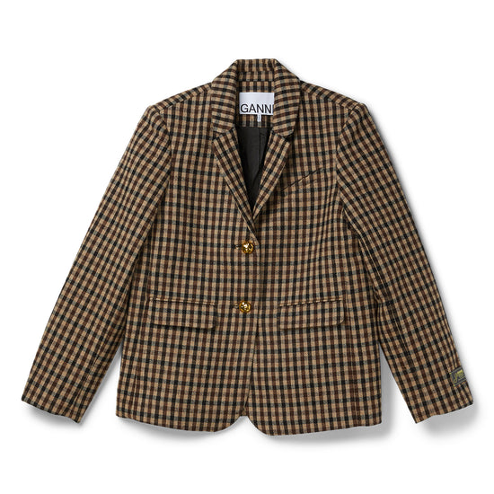 GANNI Check Wool Mix Oversized Blazer (Chicory Coffee)