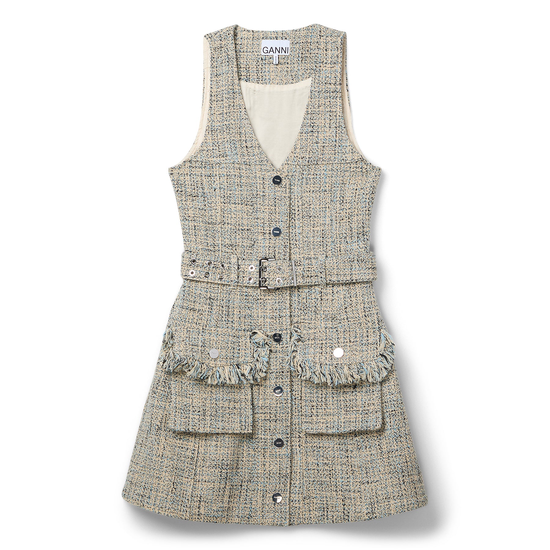 GANNI Summer Tweed Belt Mini Dress (Alaskan Blue)