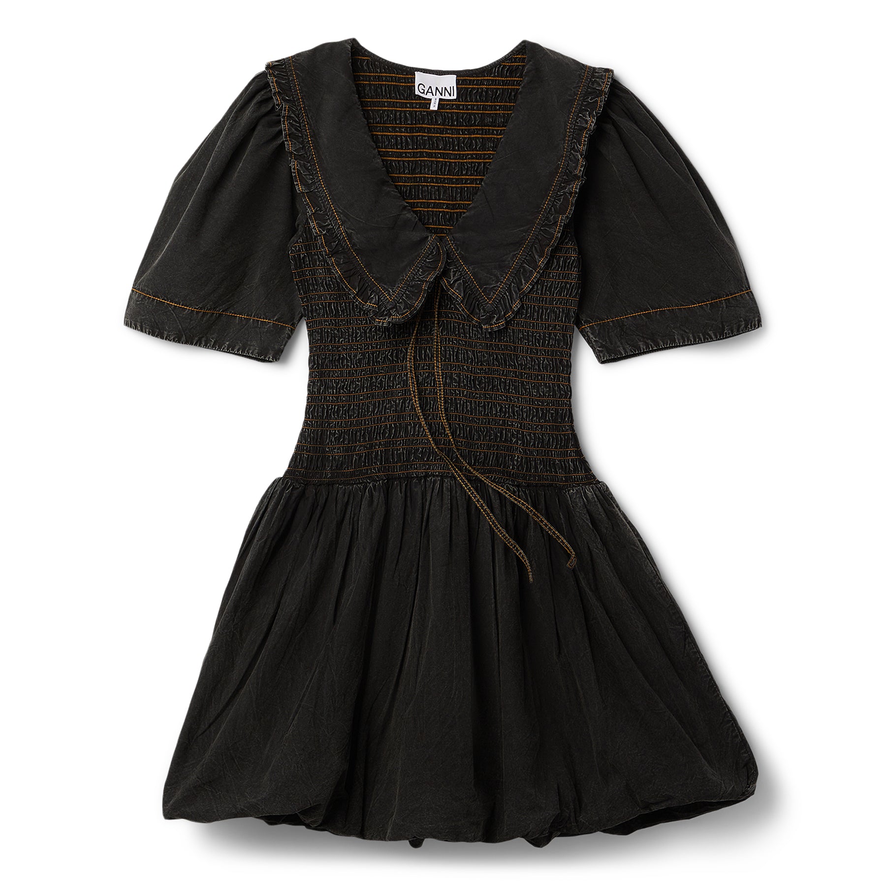 GANNI Garment Dyed Cotton Mini Smock Bubble Dress (Black)