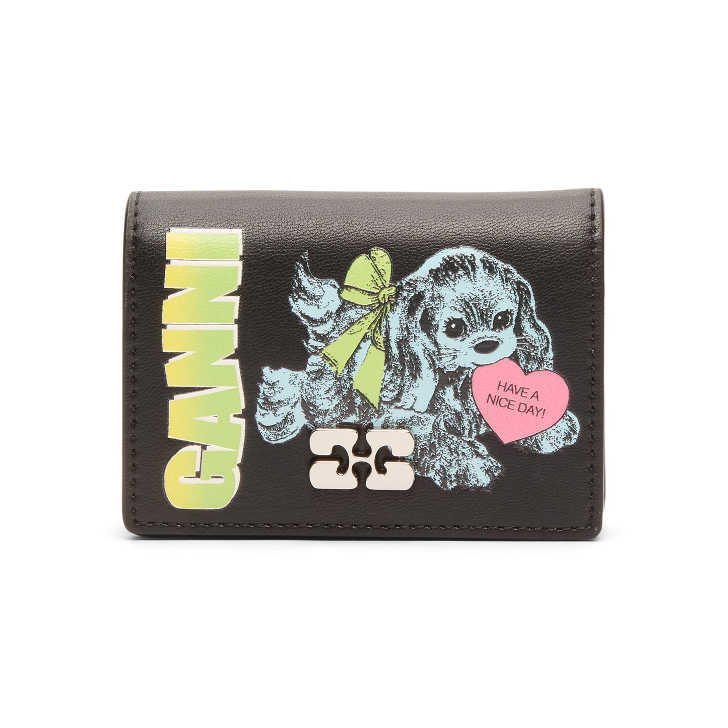 GANNI Blue Dog Card Holder With Flap  (Black)