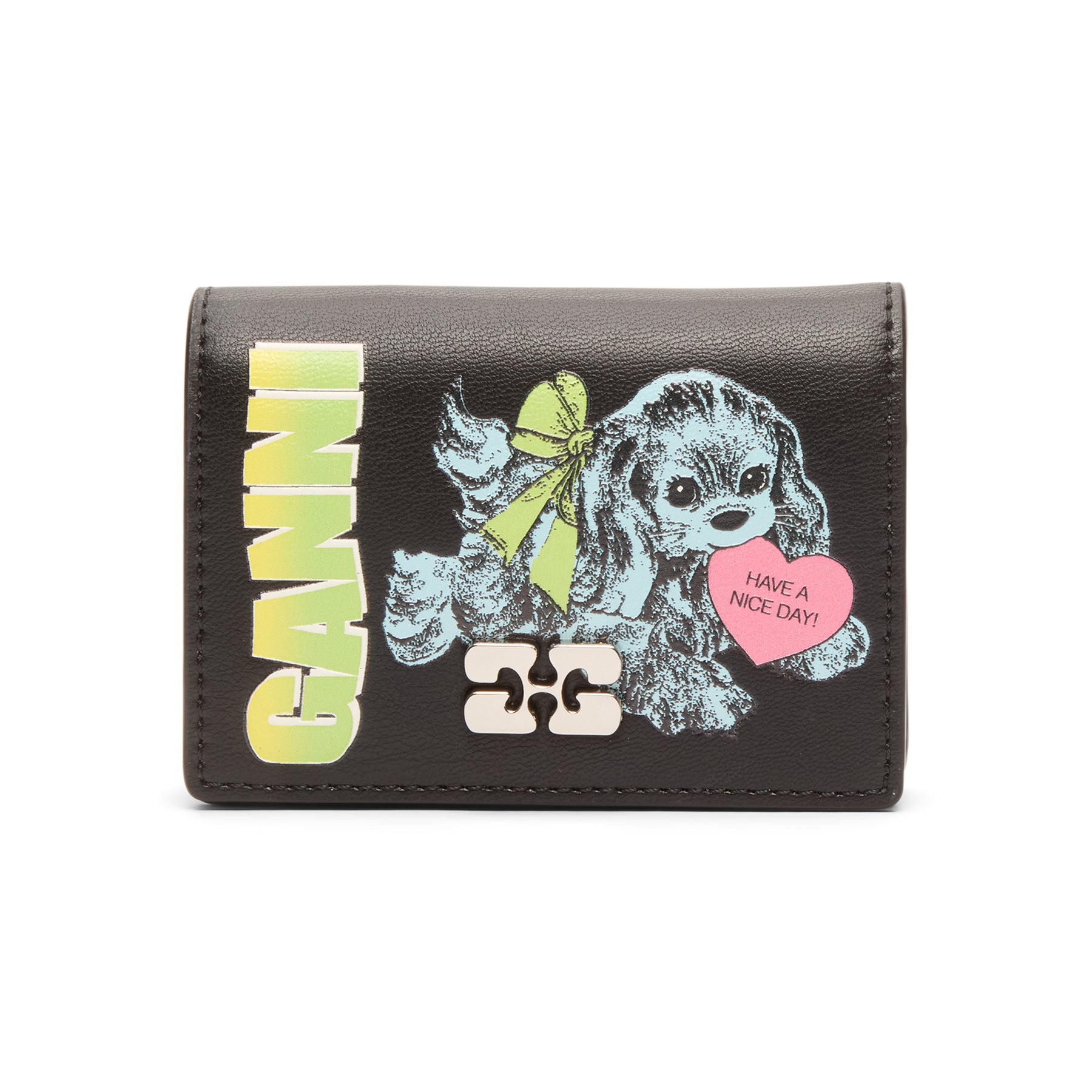 GANNI Blue Dog Card Holder With Flap  (Black)