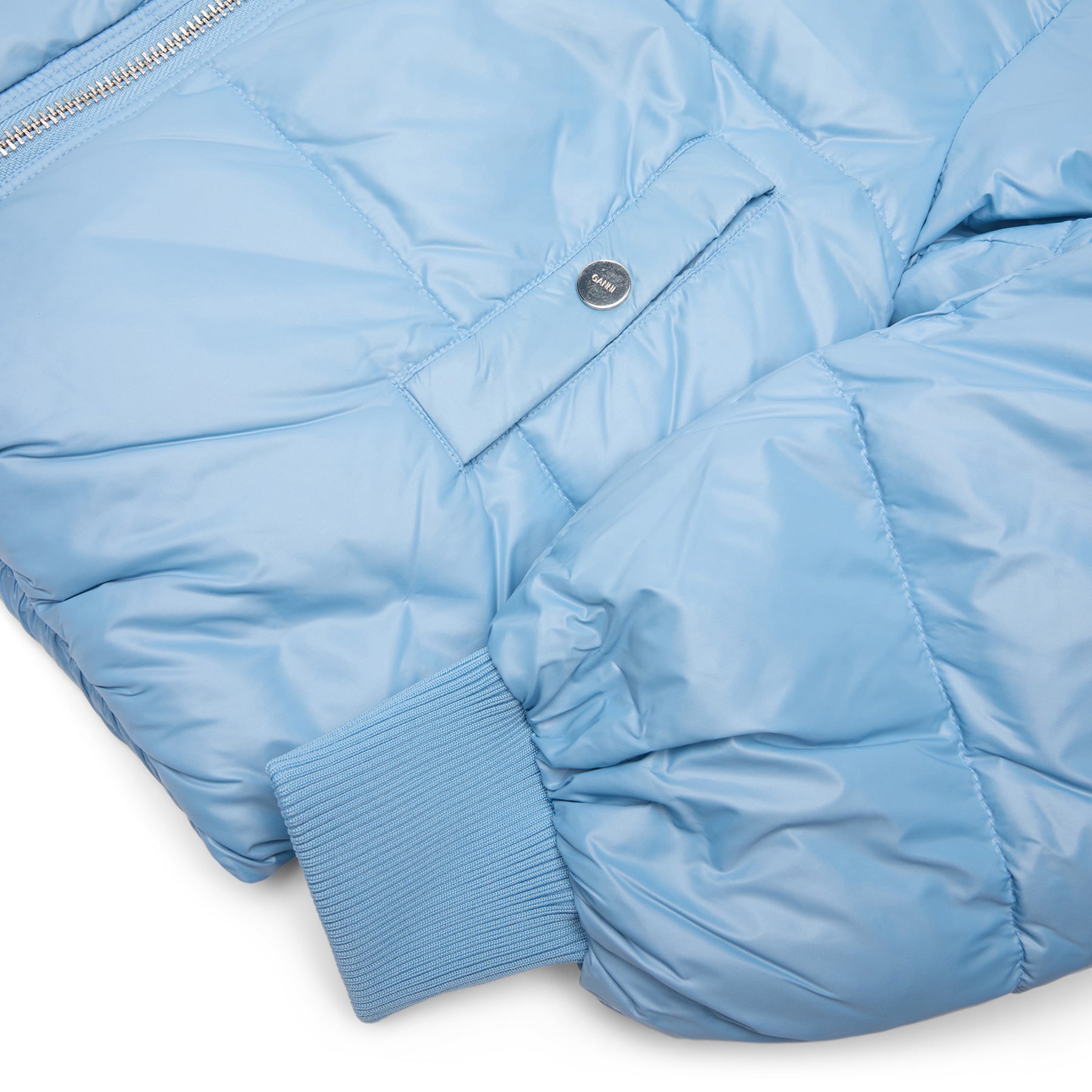 GANNI Shiny Nylon Short Puffer Jacket (Blissful Blue)