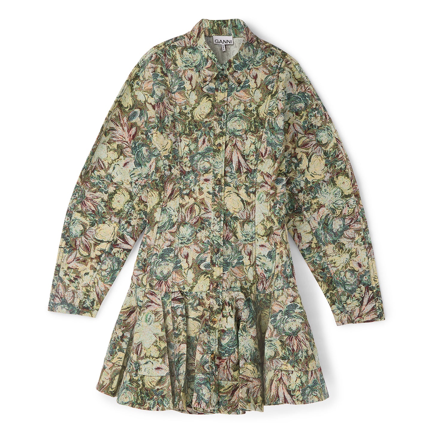 ganni printed crepe shirt dress Ganni Printed Crepe Gathered U-neck Midi Dress