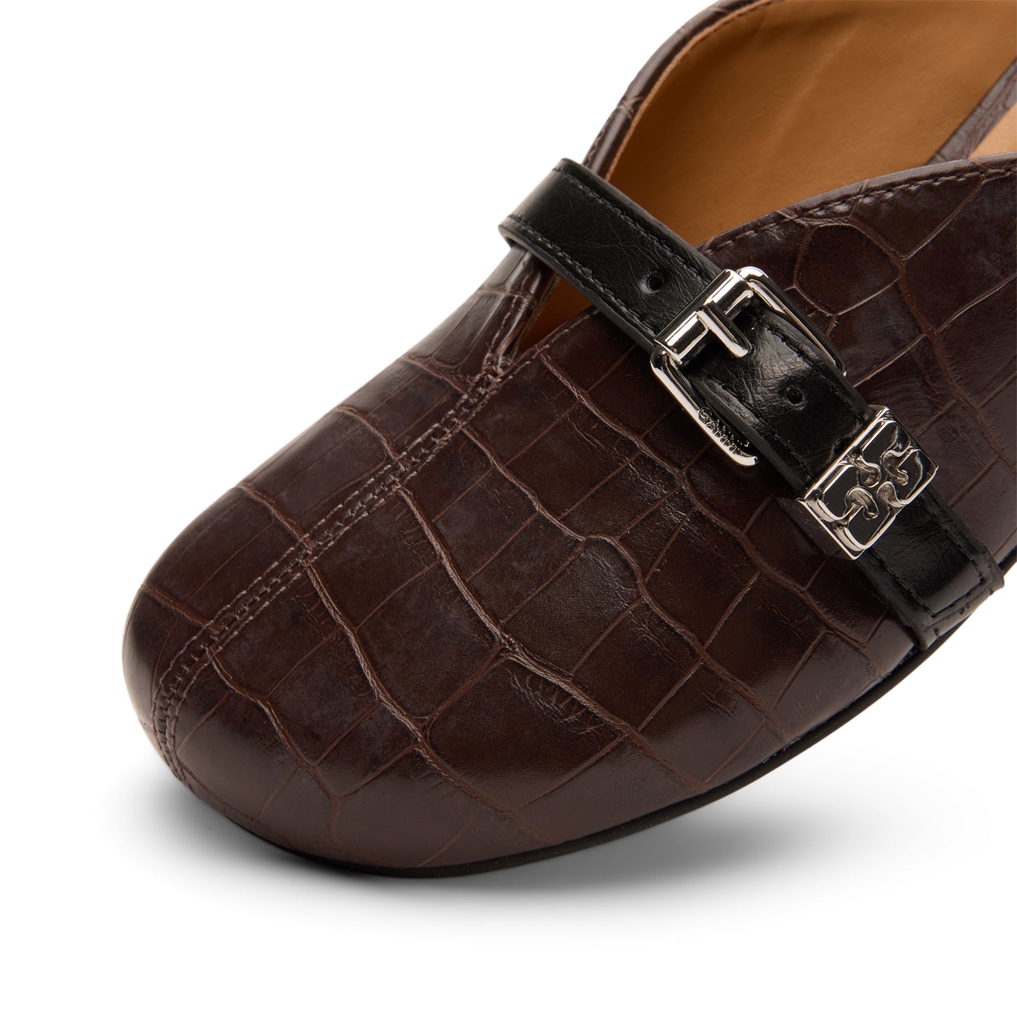 GANNI Sue Heeled Mules Croc Leather (Chocolate Fondant)