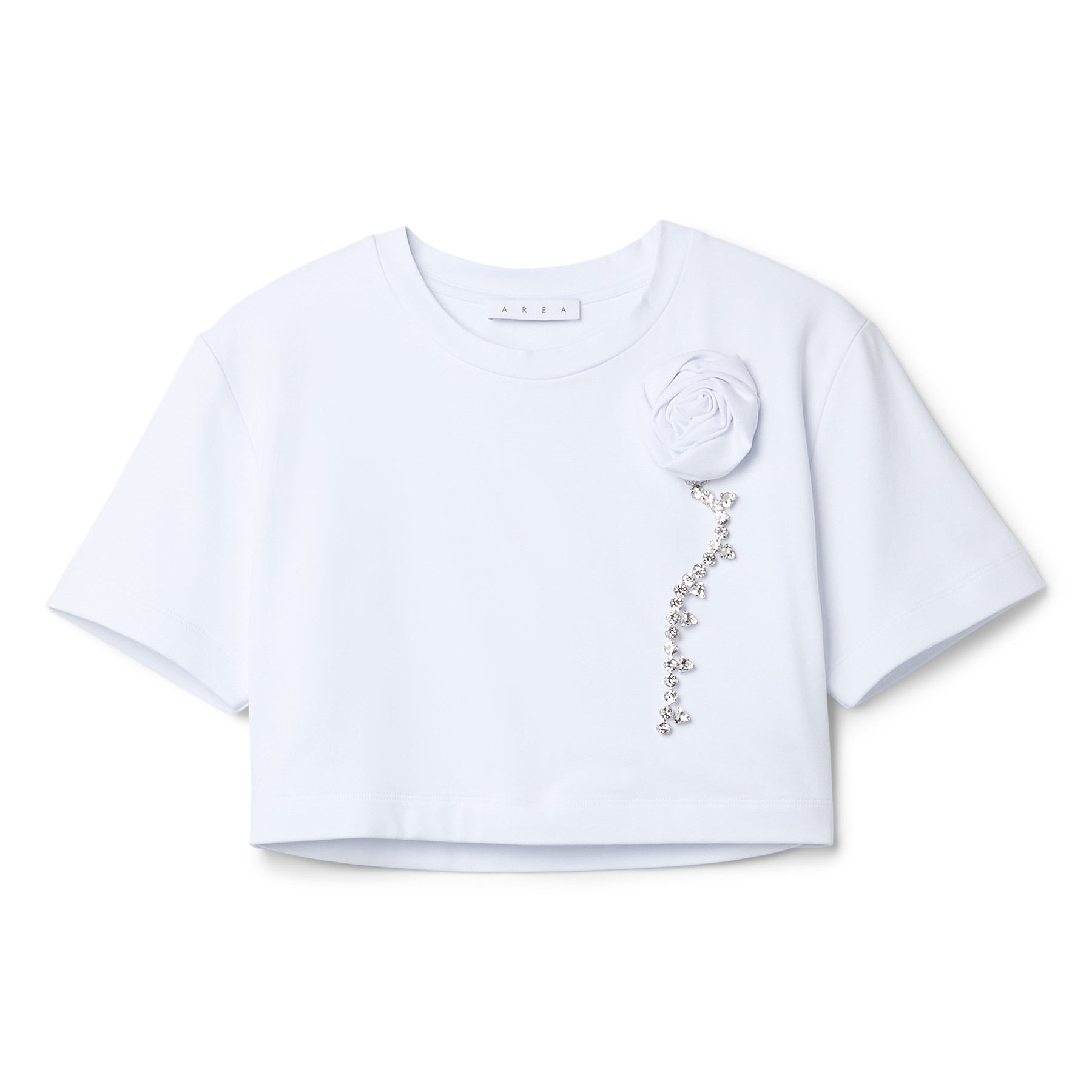 AREA Crystal Rosette Cropped T-Shirt (White)