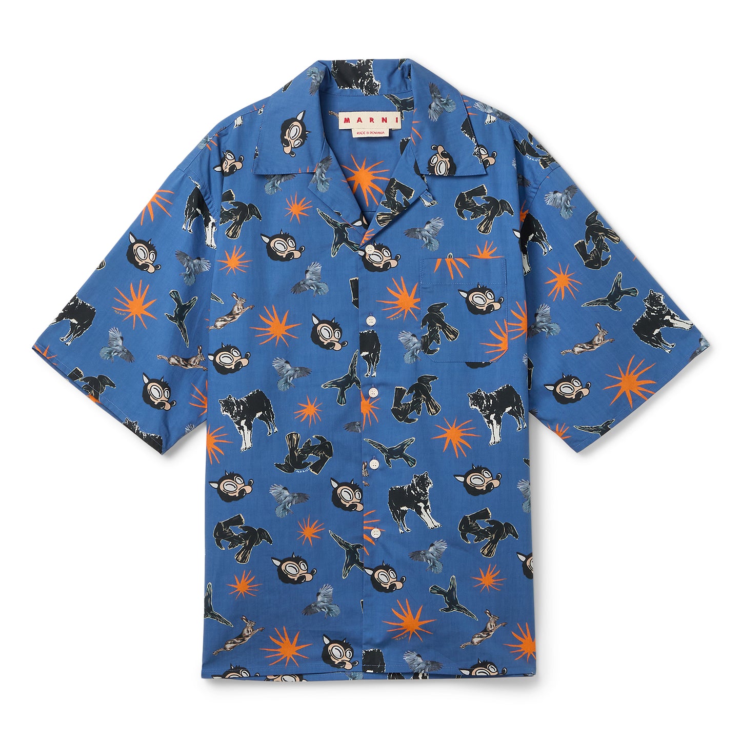 MARNI Wolves Ravens and Doves Print Poplin Bowling Shirt (Glass Blue)