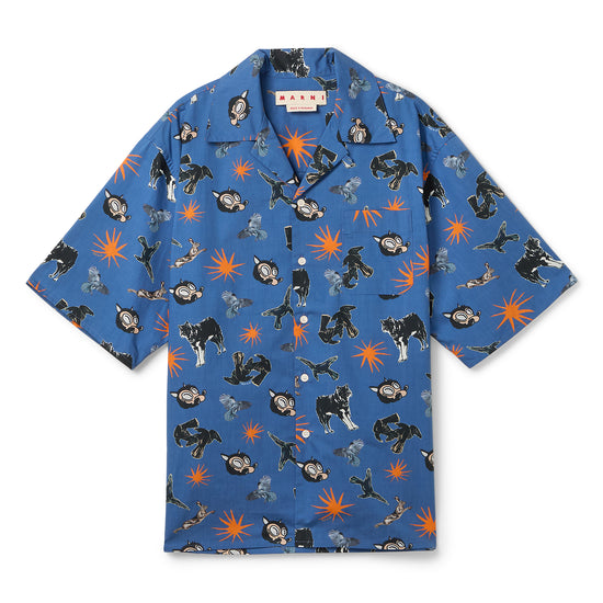 MARNI Wolves Ravens and Doves Print Poplin Bowling Shirt (Glass Blue)
