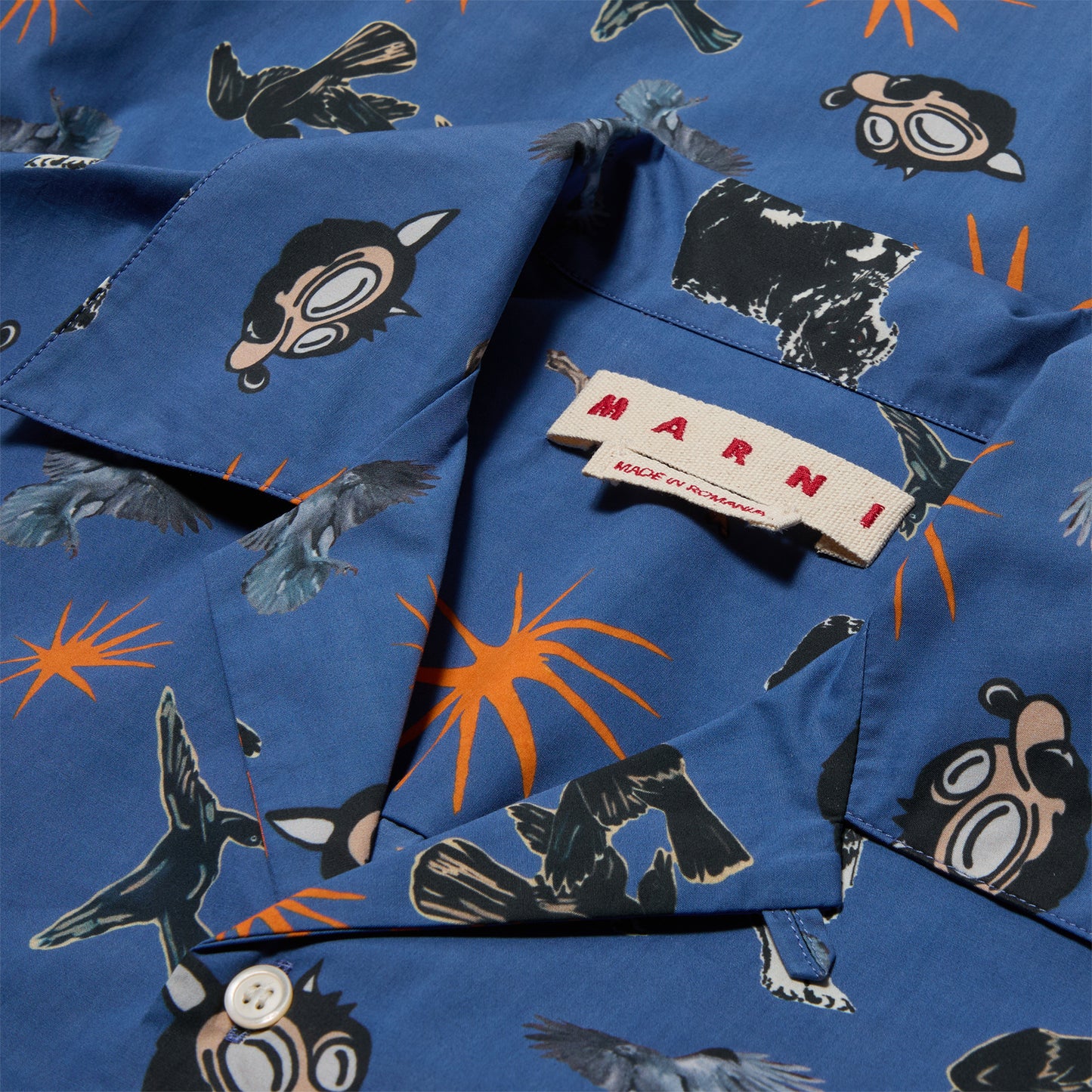 MARNI Wolves Ravens and Doves Print Poplin Bowling Shirt (Glass Blue)