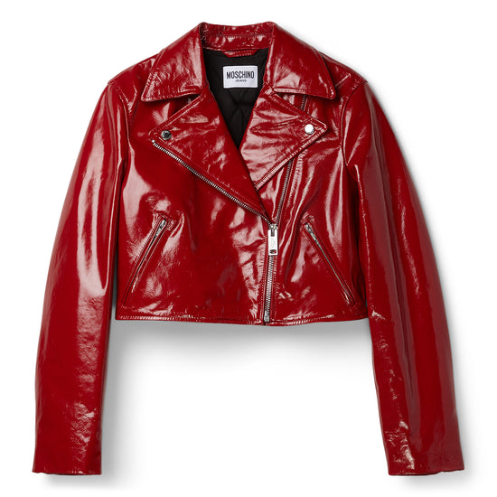 Moschino Jeans Patent Leather Biker Crop Jacket (Red)