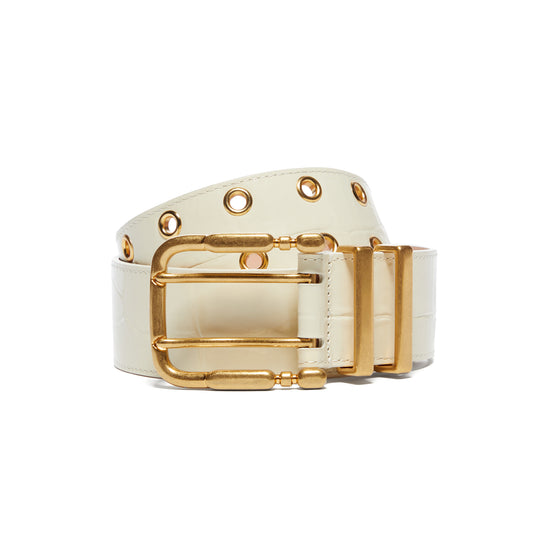 BY FAR Duo Croc Embossed Leather Belt (Cream)