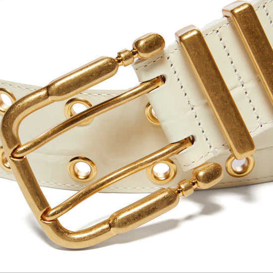 BY FAR Duo Croc Embossed Leather Belt (Cream)