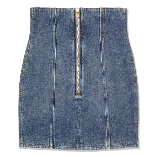 Balmain Buttoned Denim Tulip Short Skirt (Blue)
