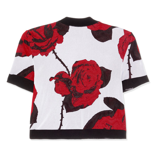 Balmain Buttoned Red Roses Cropped Knit Cardigan (Black/White/Red)