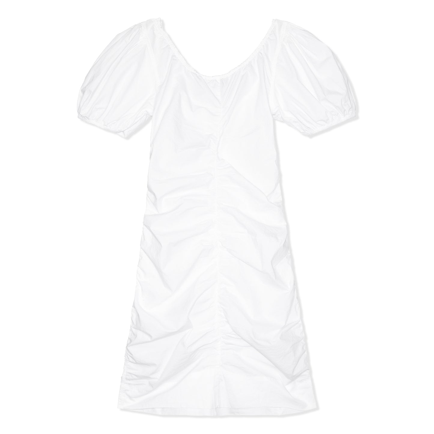 GANNI Cotton Poplin Gathered U-neck Mini Dress (Bright White)