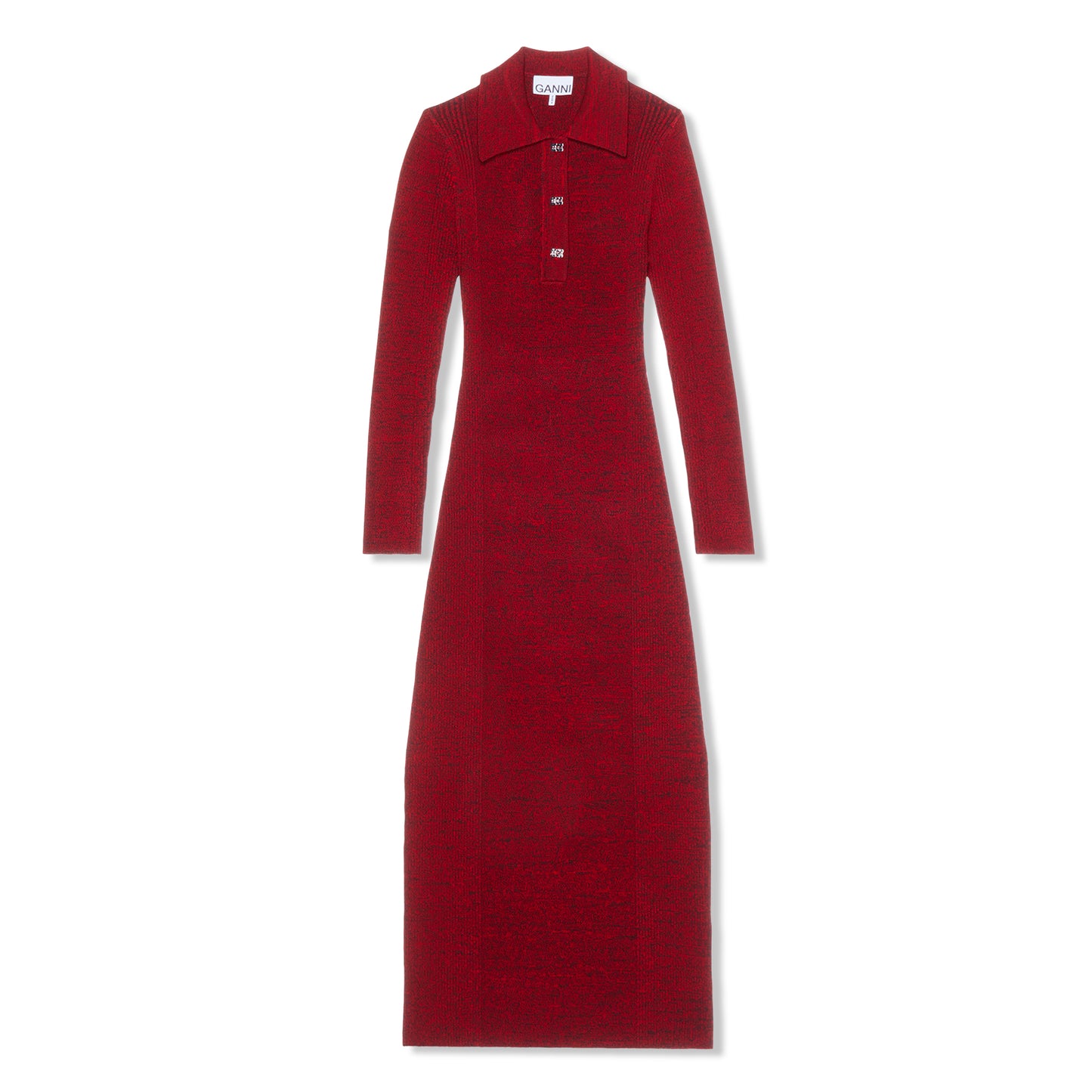 GANNI Melange Rib Long Sleeve Polo Dress (High Risk Red)