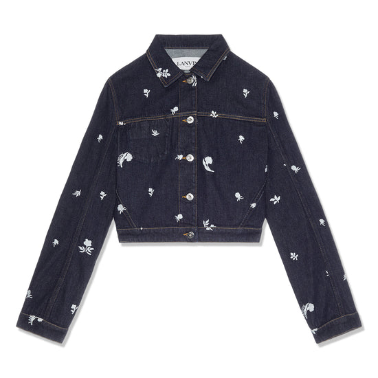 Lanvin Embroidered Cropped Trucker Jacket (Navy Blue)