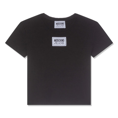 Moschino Logo Patch Rib Knit Cropped T-Shirt (Black)