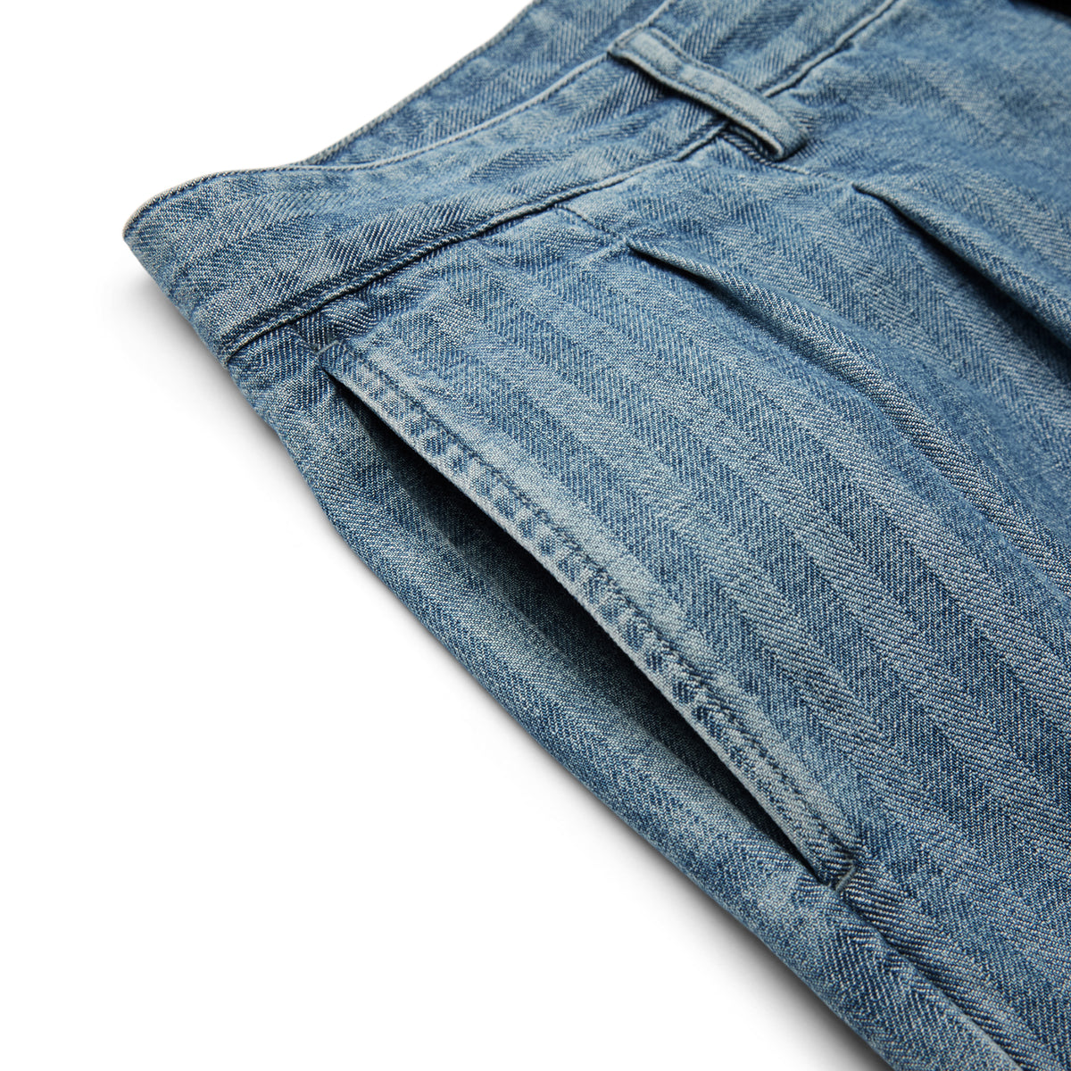 Noah Double-Pleat Herringbone Denim Pant (Blue herringbone)