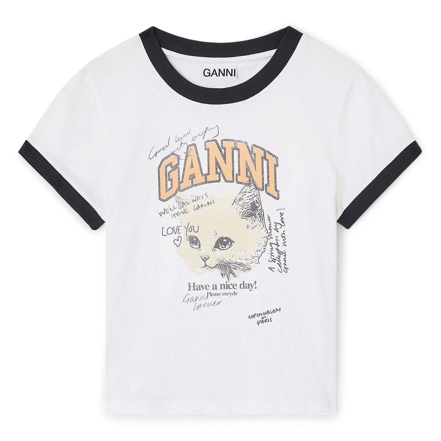 GANNI Cropped Kitty T-shirt (Bright White)