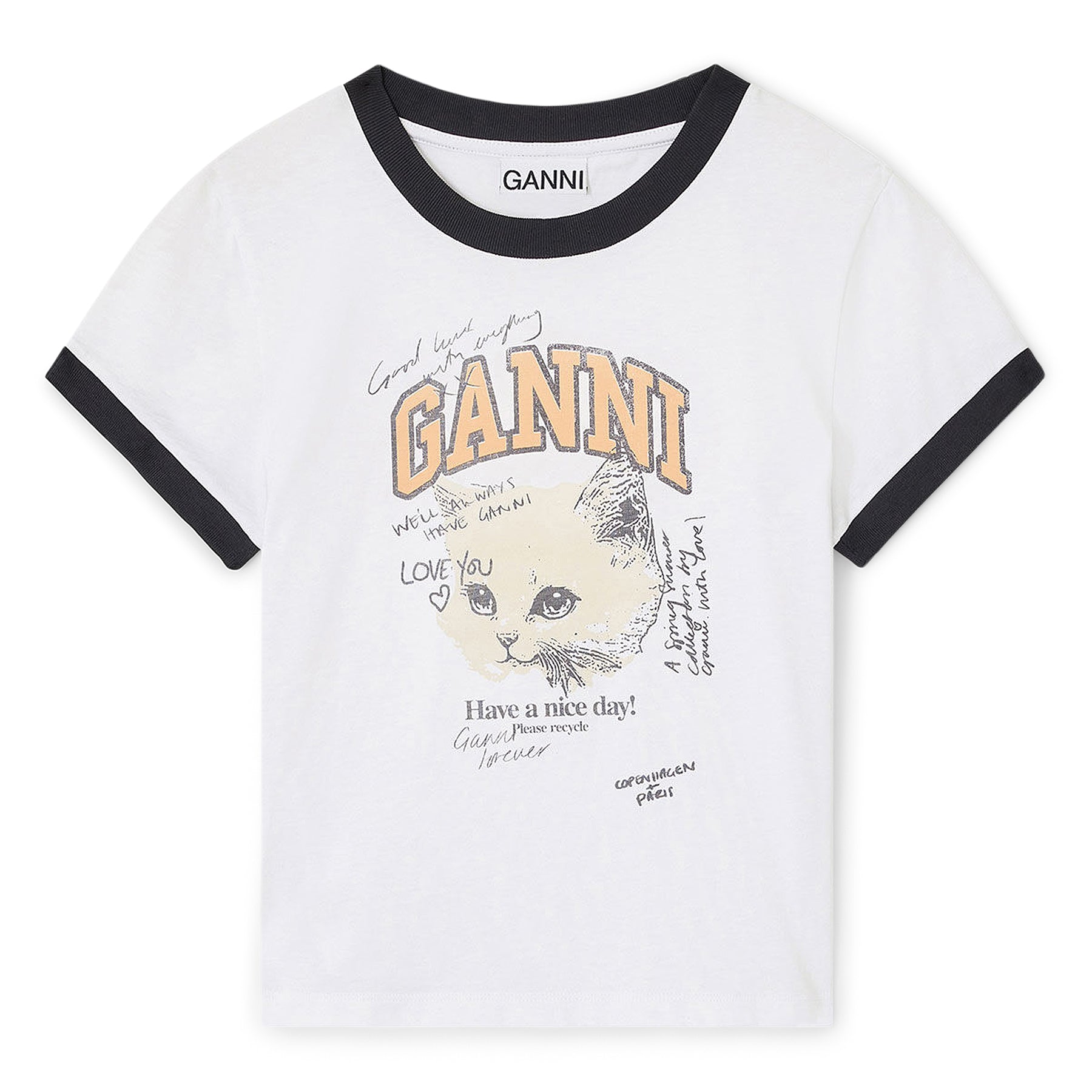 GANNI Cropped Kitty T-shirt (Bright White)