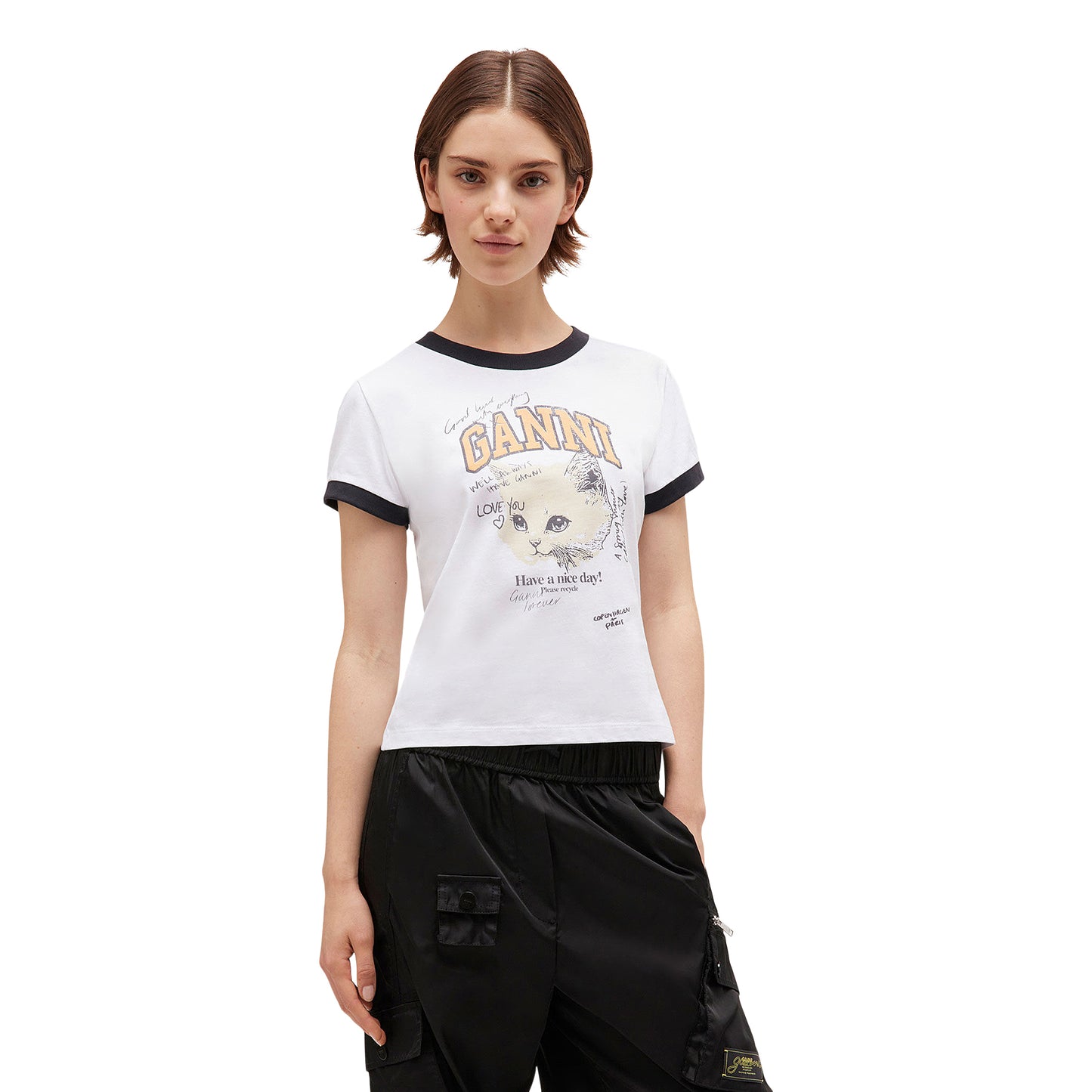 GANNI Cropped Kitty T-shirt (Bright White)