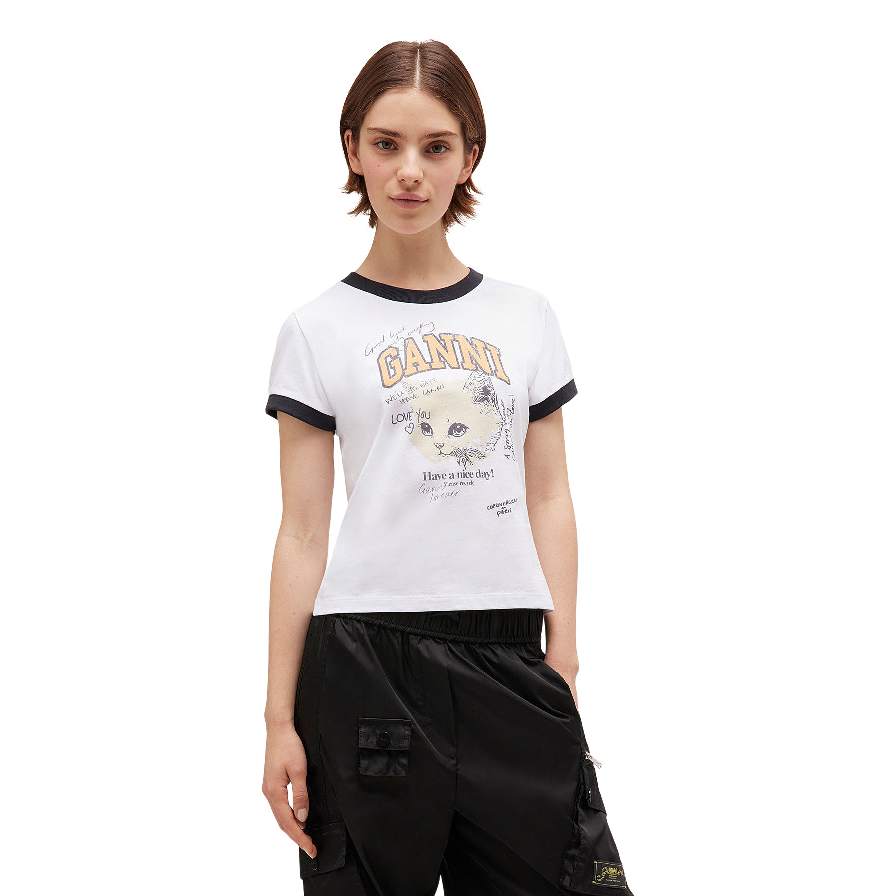 GANNI Cropped Kitty T-shirt (Bright White)