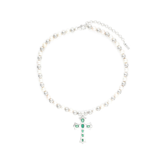 VEERT The Green Cross Freshwater Pearl Necklace (White Gold)