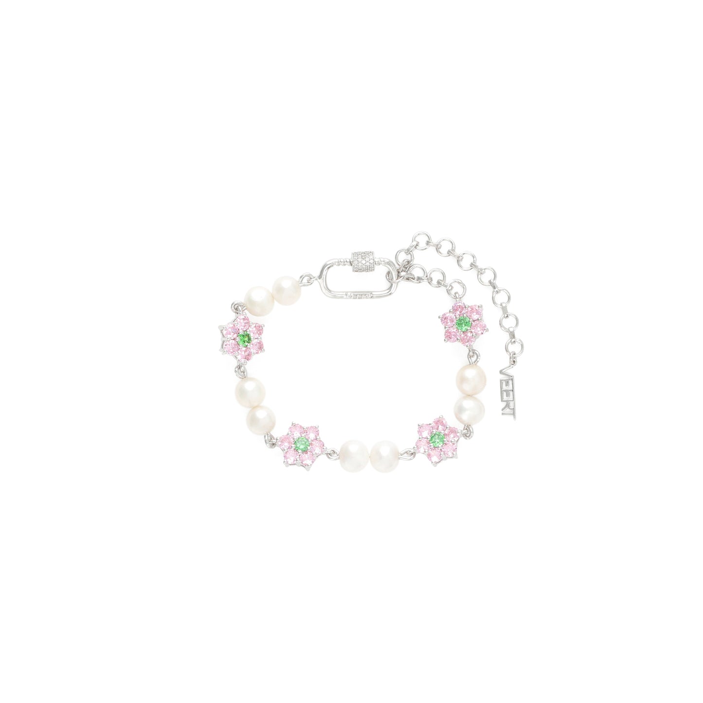 VEERT Macro Pink & Green Flower Stone Freshwater Pearl Bracelet (Pink/Green/White)