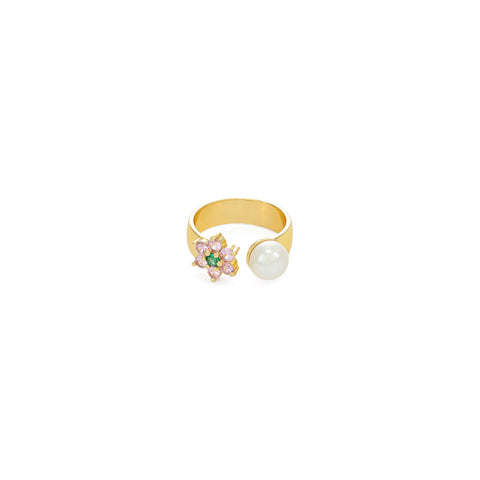 VEERT Pink & Green Flower Freshwater Pearl Ring (Pink/Green/Gold/White)
