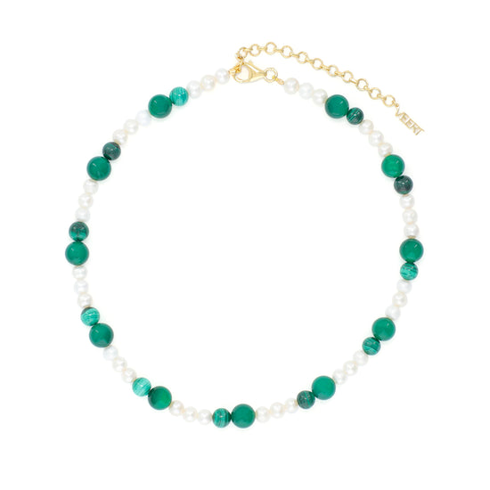 VEERT Freshwater Pearl Green Onyx & Malachite Necklace (Green/White/Gold)