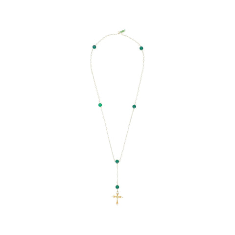 VEERT Freshwater Pearl Green Onyx Rosary Necklace (Green/White/Gold)