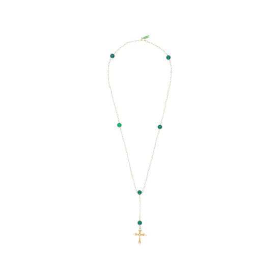 VEERT Freshwater Pearl Green Onyx Rosary Necklace (Green/White/Gold)
