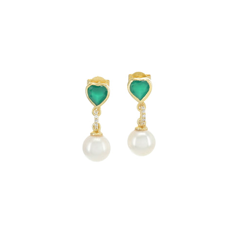 VEERT Green Onyx Freshwater Pearl Earrings (Gold/Green/White)