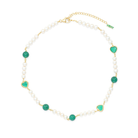 VEERT Green Onyx Freshwater Pearl Necklace (Green/White/Gold)