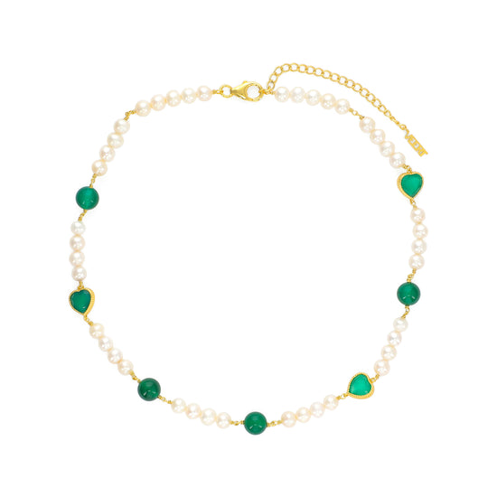 VEERT Green Onyx Freshwater Pearl Necklace (Yellow Gold)