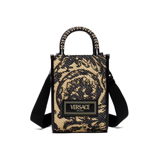 Versace Barocco Athena Raffia Mini Tote (Black/Versace Gold)