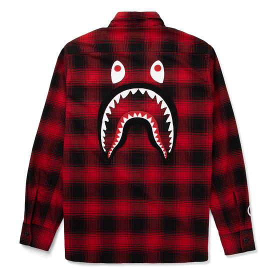 A Bathing Ape Check Shark Relaxed Fit Flannel Shirt (Red)